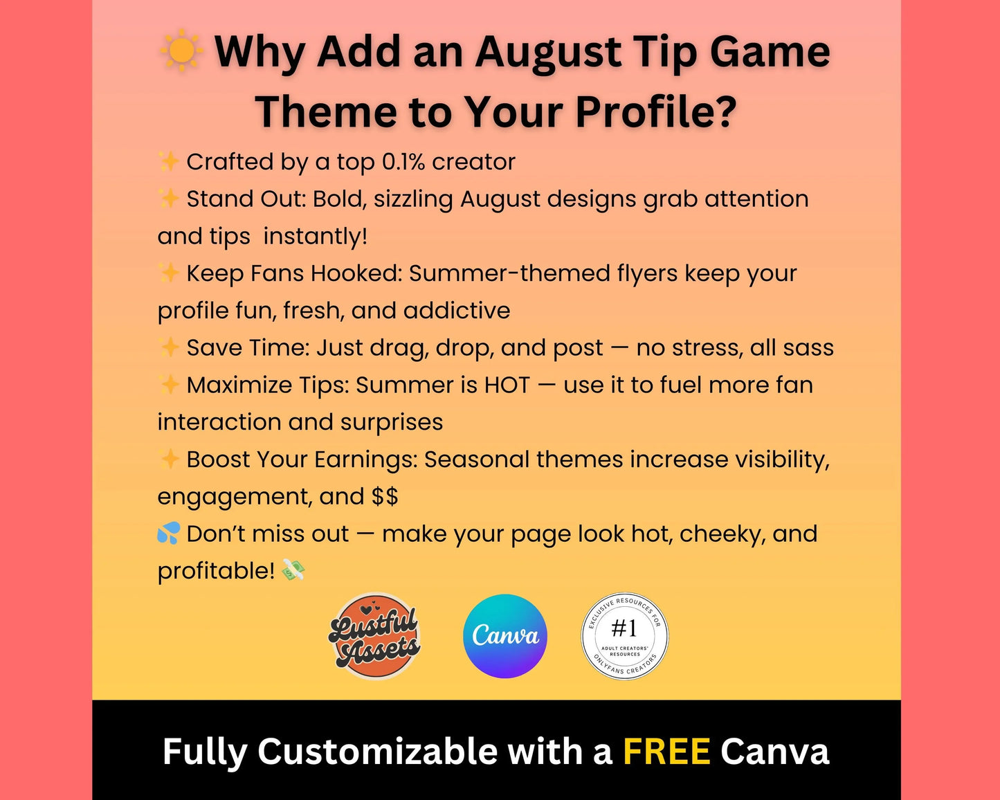 ONLYFANS August Animated Tip Flyers Bundle| Onlyfans Promo, 50 Summer Themed Templates, tipping campaign Ideas, Canva, Camgirls, Fansly Snap