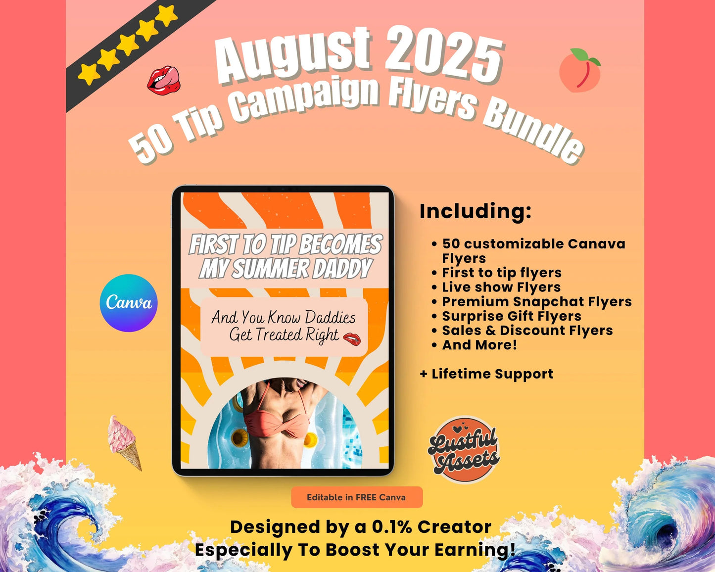 ONLYFANS August Animated Tip Flyers Bundle| Onlyfans Promo, 50 Summer Themed Templates, tipping campaign Ideas, Canva, Camgirls, Fansly Snap