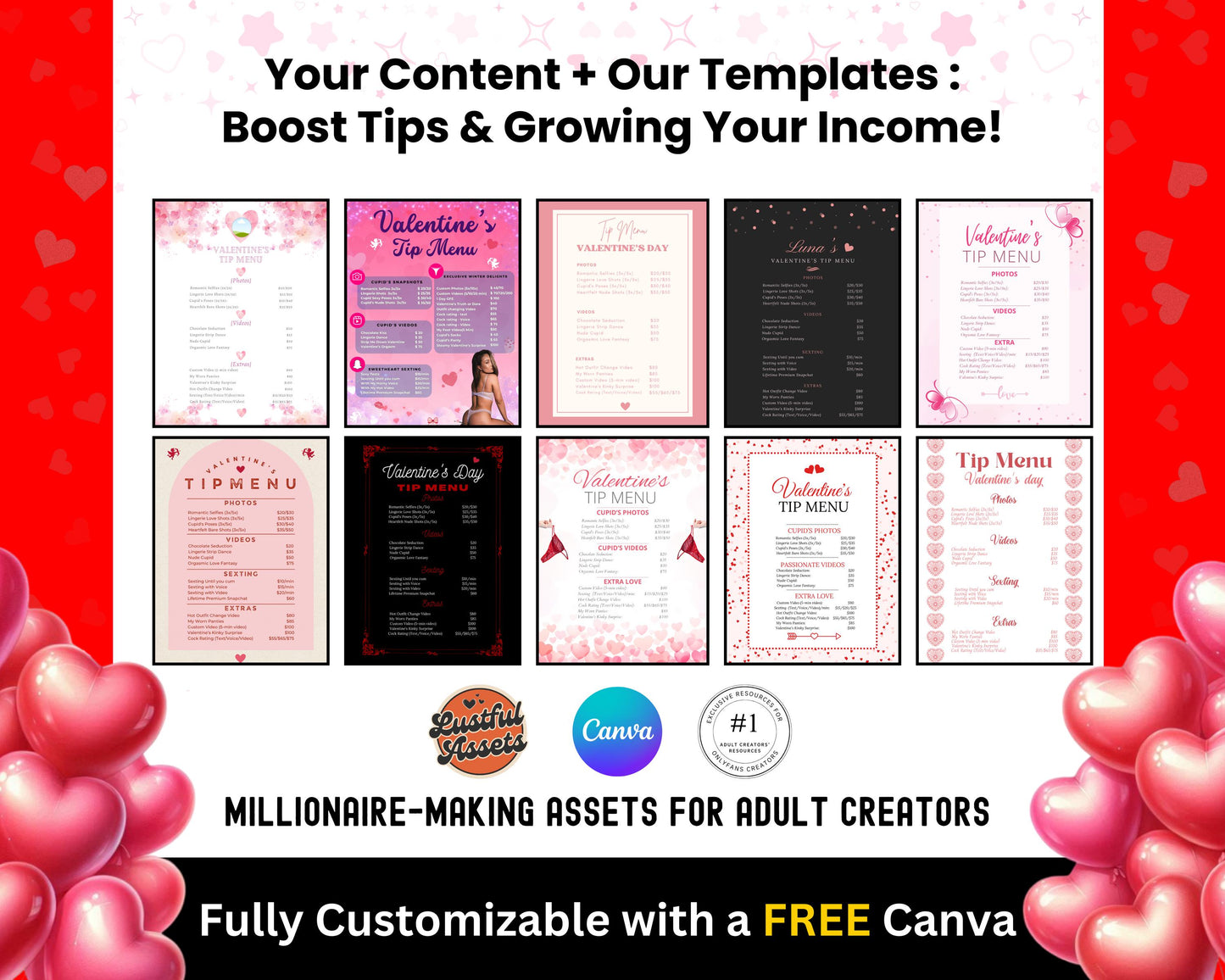 ONLYFANS Valentine's Tip Menu Bundle | Onlyfans Valentine Theme, February Templates bundle, Valentine Content, Camgirls, Fansly Snap