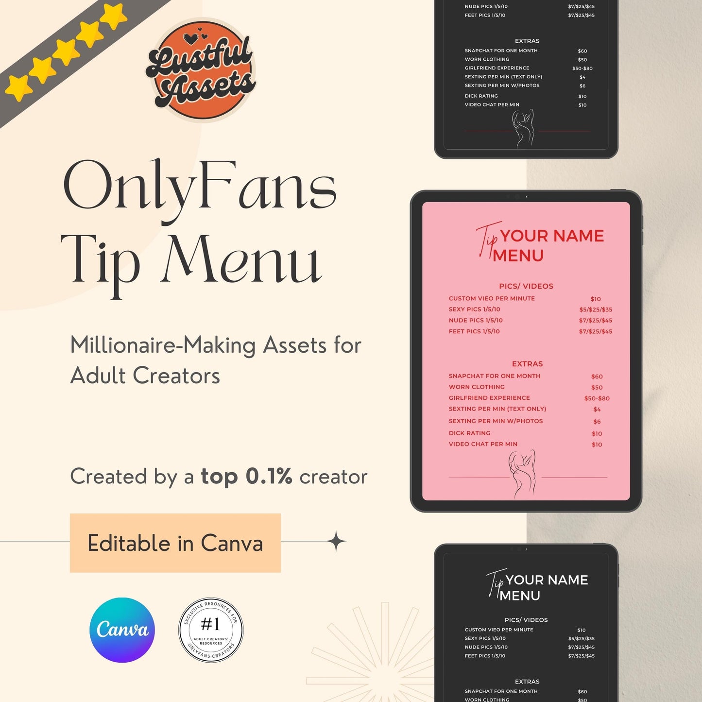 ONLYFANS Tip Menu | Editable Canva Tipping Template for Creators, Digital Camgirl & Fansly OF Tip Menu