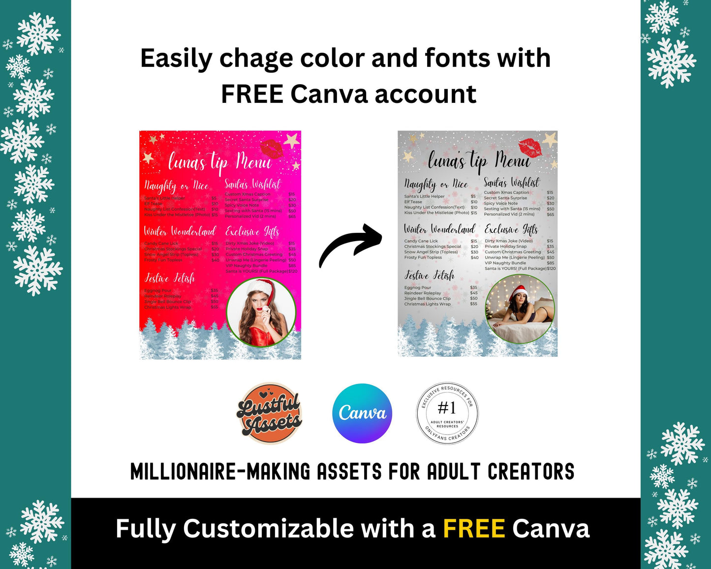 ONLYFANS Christmas Tip Menu Bundle | 10x Creative for Creators, Holiday Theme Canva Tipping, Creators camgirls, OF, Fansly Snapchat tip