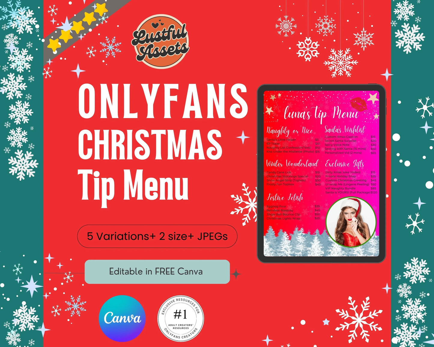 ONLYFANS Christmas Tip Menu| Creative Template for Creators, Holiday Theme Editable Canva Customizable, Creators camgirls, OF, Fansly Snap