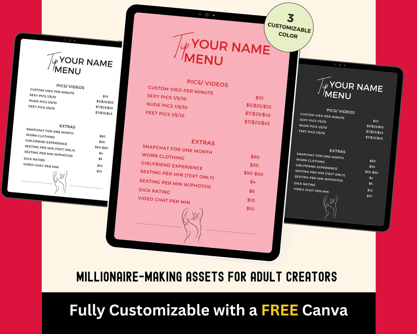ONLYFANS Tip Menu | Editable Canva Tipping Template for Creators, Digital Camgirl & Fansly OF Tip Menu
