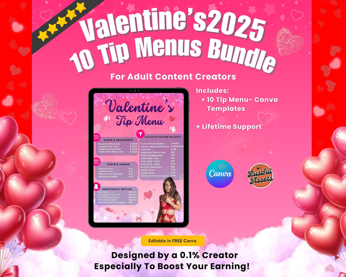 ONLYFANS Valentine's Tip Menu Bundle | Onlyfans Valentine Theme, February Templates bundle, Valentine Content, Camgirls, Fansly Snap