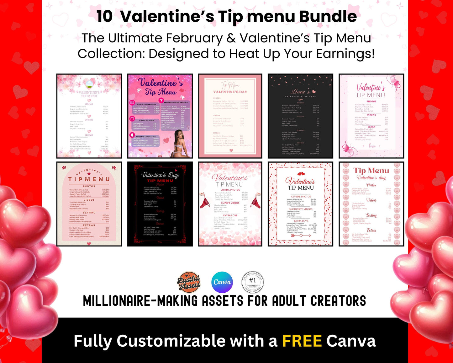 ONLYFANS Valentine's Tip Menu Bundle | Onlyfans Valentine Theme, February Templates bundle, Valentine Content, Camgirls, Fansly Snap