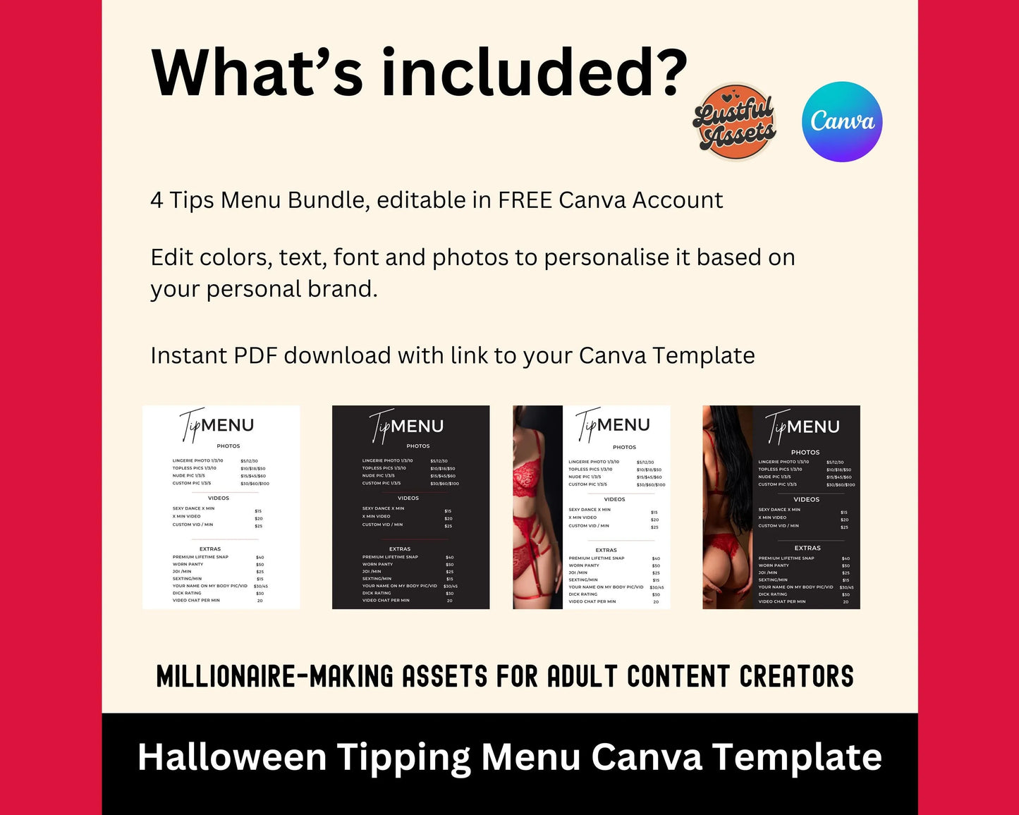 ONLYFANS Tip Menu Bundle | Editable Canva Tipping Template for Creators, Tipping Menu, Digital Camgirl & Fansly OF Simple Tip Menu Canva