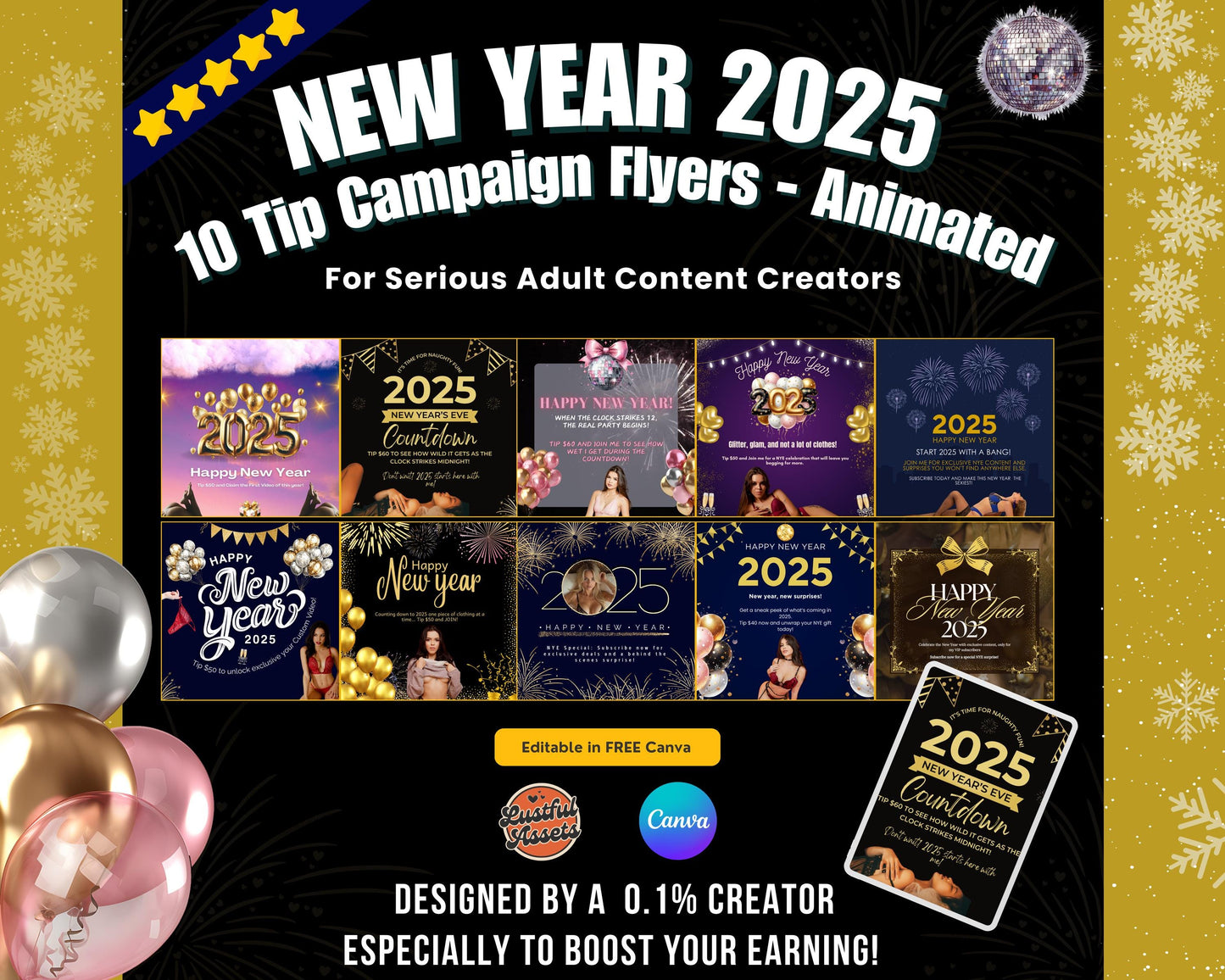 ONLYFANS New Year Tip Campaign Flyer Bundle | Onlyfans Tip Game Ideas kit, NYE Theme Canva for Creators camgirls, OF Fansly Snap Template