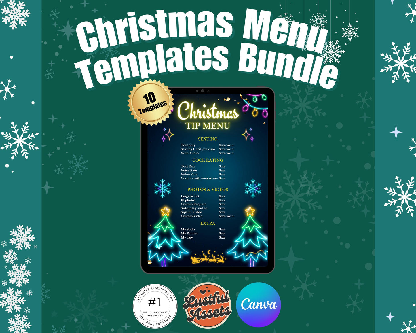 ONLYFANS Christmas Tip Menu Bundle | 10x Creative for Creators, Holiday Theme Canva Tipping, Creators camgirls, OF, Fansly Snapchat tip
