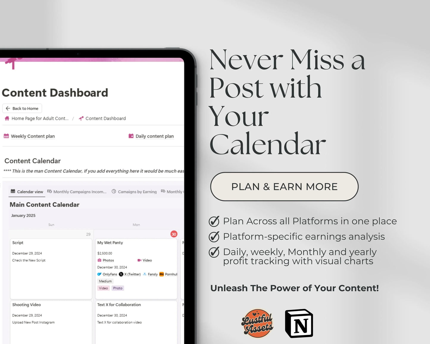 ONLYFANS Content Planner Notion Ultimate Tracker| Tip, Idea, Income Tracker Planner for content creators, Camgirls, Fansly, Snapchat