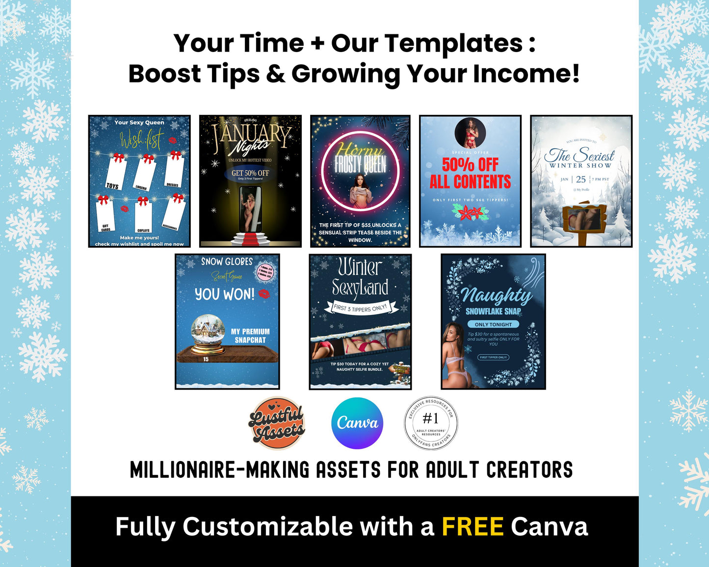 ONLYFANS January Themed Templates| Onlyfans Winter Tip Game Ideas kit, Winter Theme Canva Creators camgirls, OF Fansly Snap Template Script