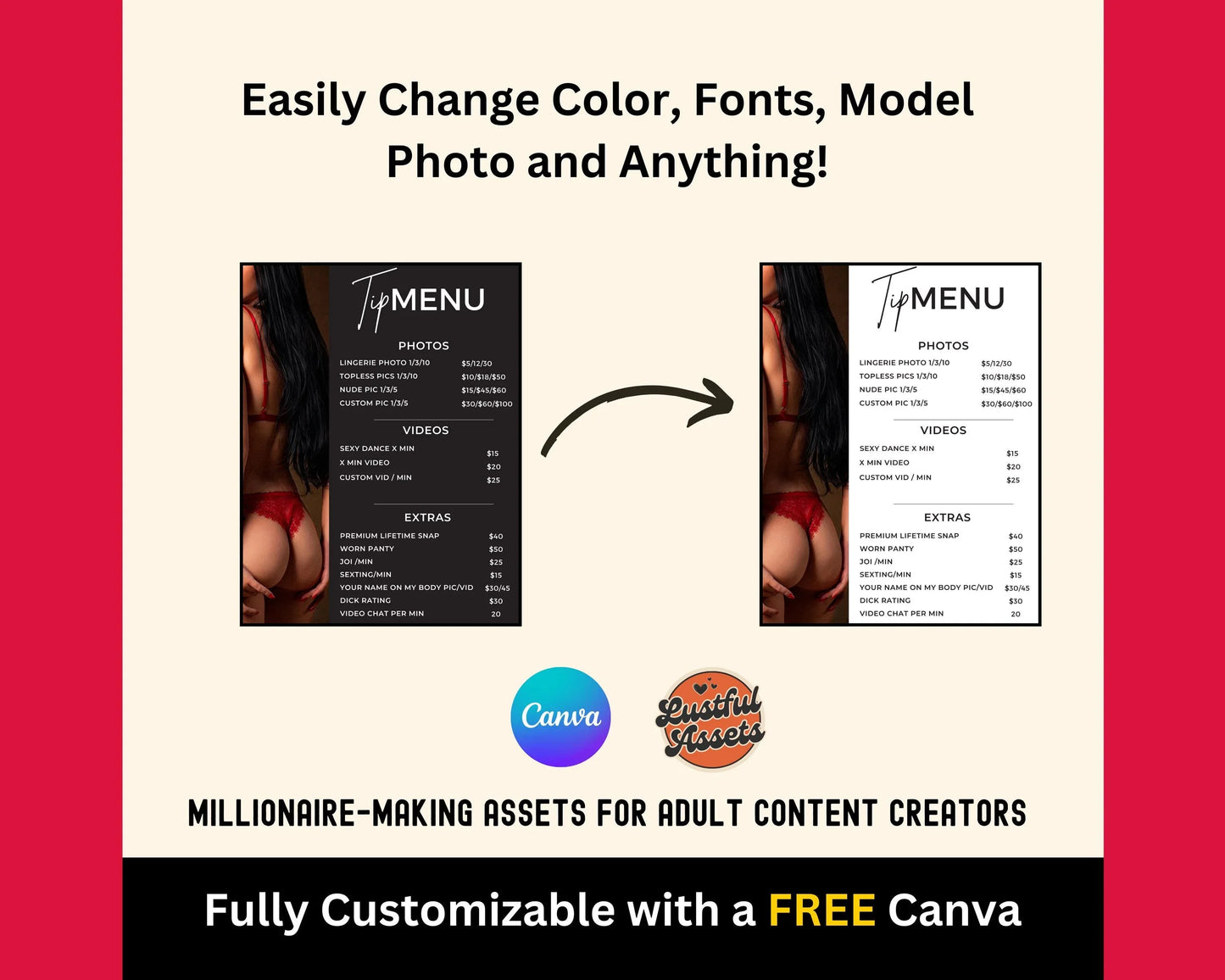 ONLYFANS Tip Menu Bundle | Editable Canva Tipping Template for Creators, Tipping Menu, Digital Camgirl & Fansly OF Simple Tip Menu Canva