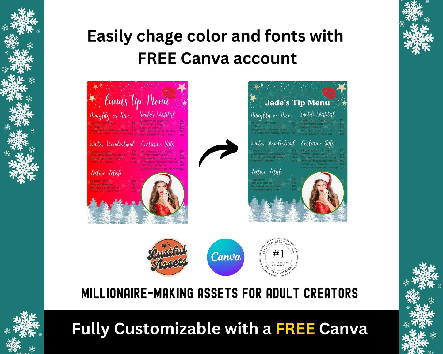 ONLYFANS Christmas Tip Menu| Creative Template for Creators, Holiday Theme Editable Canva Customizable, Creators camgirls, OF, Fansly Snap