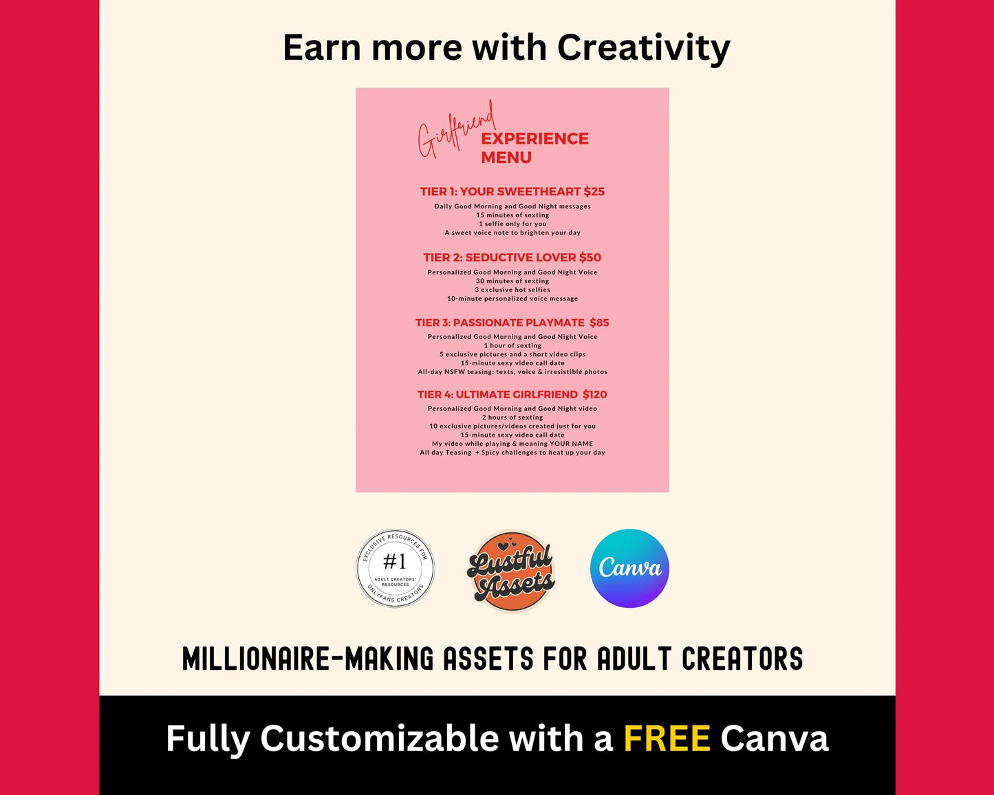 ONLYFANS Girlfriend Experience Menu | OnlyFans Tip Editable Canva Tipping Template for Creators, Digital Camgirl & Fansly OF Tip Menu