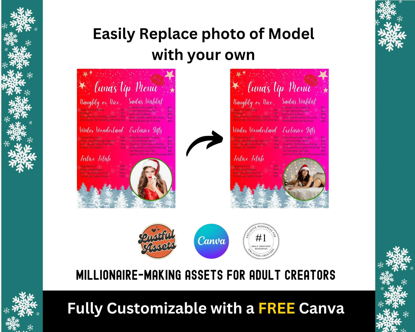 ONLYFANS Christmas Tip Menu| Creative Template for Creators, Holiday Theme Editable Canva Customizable, Creators camgirls, OF, Fansly Snap