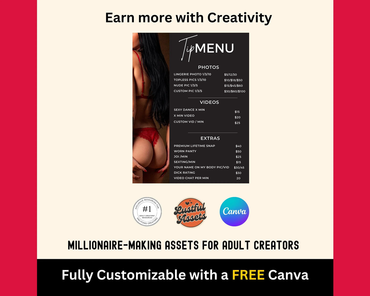 ONLYFANS Tip Menu Bundle | Editable Canva Tipping Template for Creators, Tipping Menu, Digital Camgirl & Fansly OF Simple Tip Menu Canva