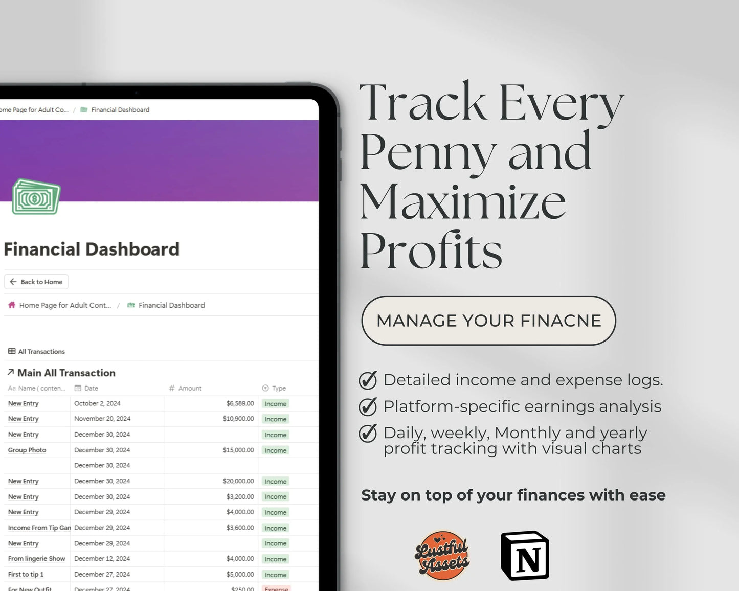ONLYFANS Content Planner Notion Ultimate Tracker| Tip, Idea, Income Tracker Planner for content creators, Camgirls, Fansly, Snapchat
