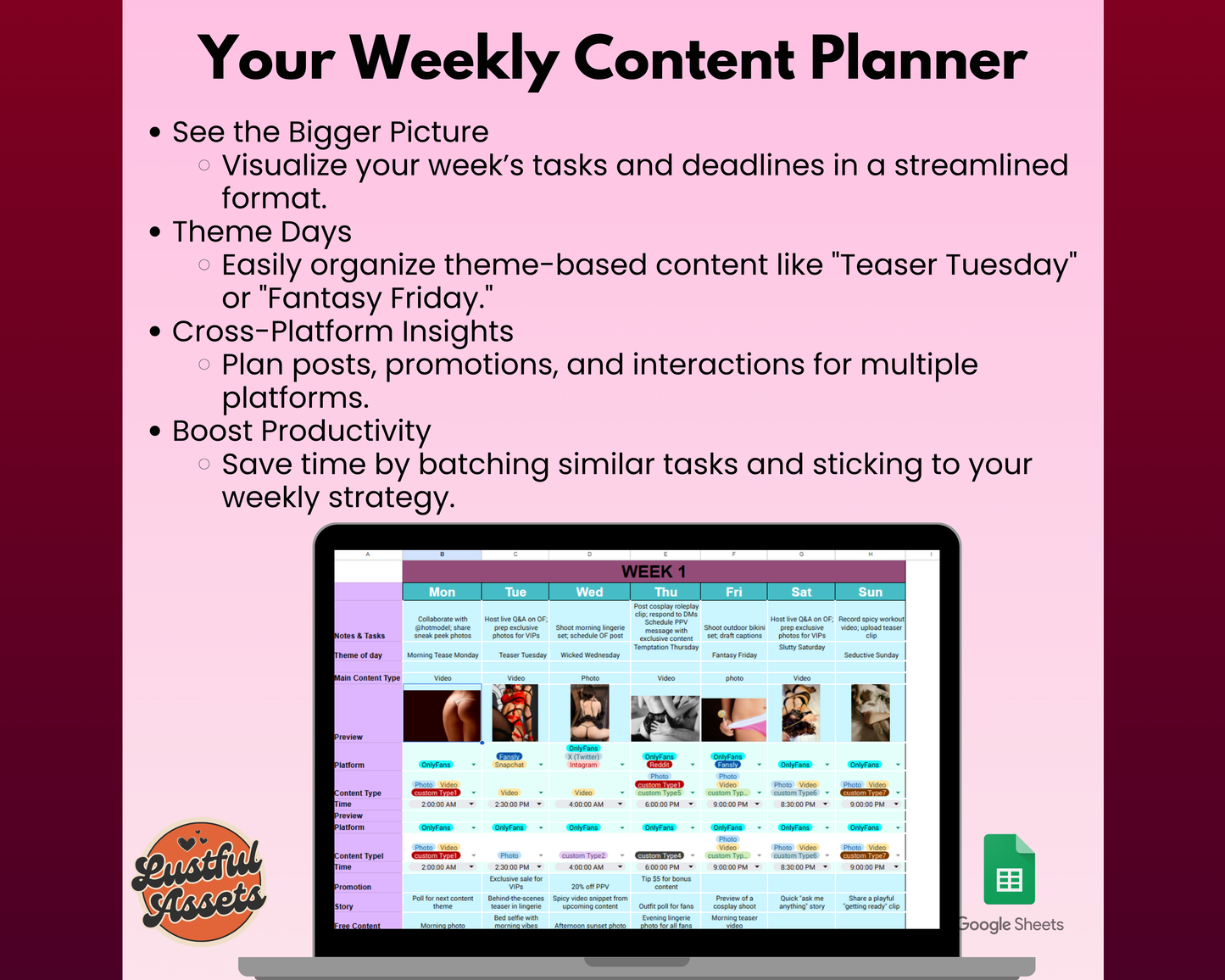 ONLYFANS Content Calendar | Get it Now| Onlyfans Planner Tracker - Lustful Assets