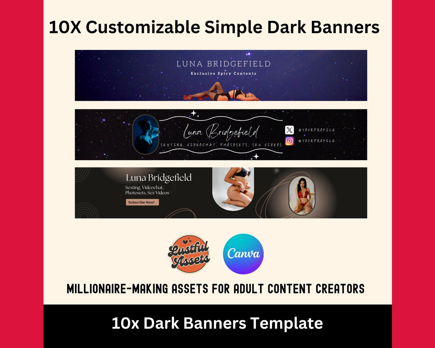 ONLYFANS Banner Bundle | Editable Canva Dark themes Banner for OnlyFans, Tipping Menu, Digital Camgirl & Fansly OF Simple, Snapchat