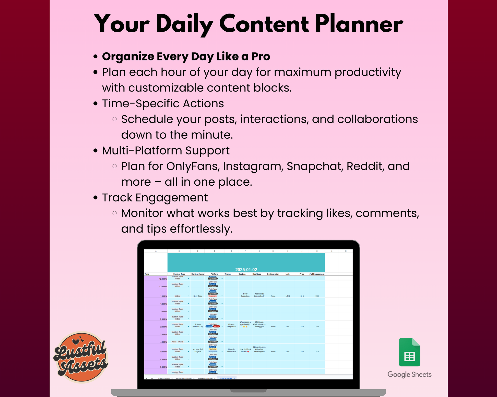 ONLYFANS Content Calendar | Get it Now| Onlyfans Planner Tracker - Lustful Assets