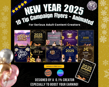 ONLYFANS New Year Tip Campaign Flyer Bundle | Onlyfans Tip Game Ideas kit, NYE Theme Canva for Creators camgirls, OF Fansly Snap Template