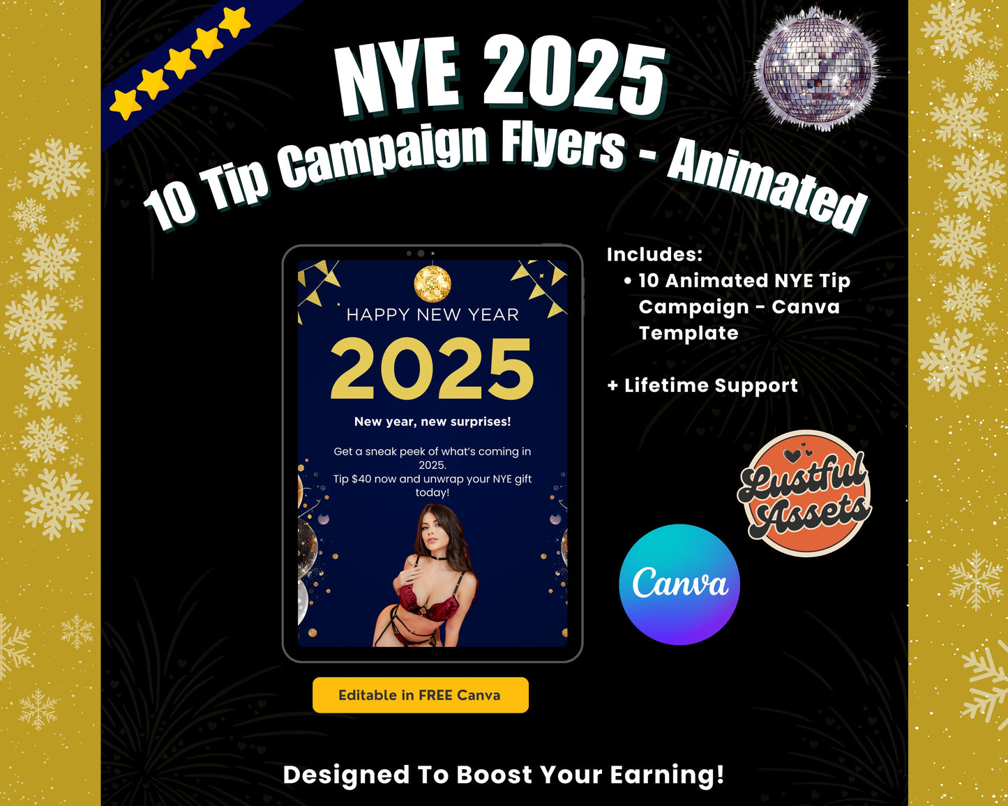 ONLYFANS New Year Tip Campaign Flyer Bundle | Onlyfans Tip Game Ideas kit, NYE Theme Canva for Creators camgirls, OF Fansly Snap Template