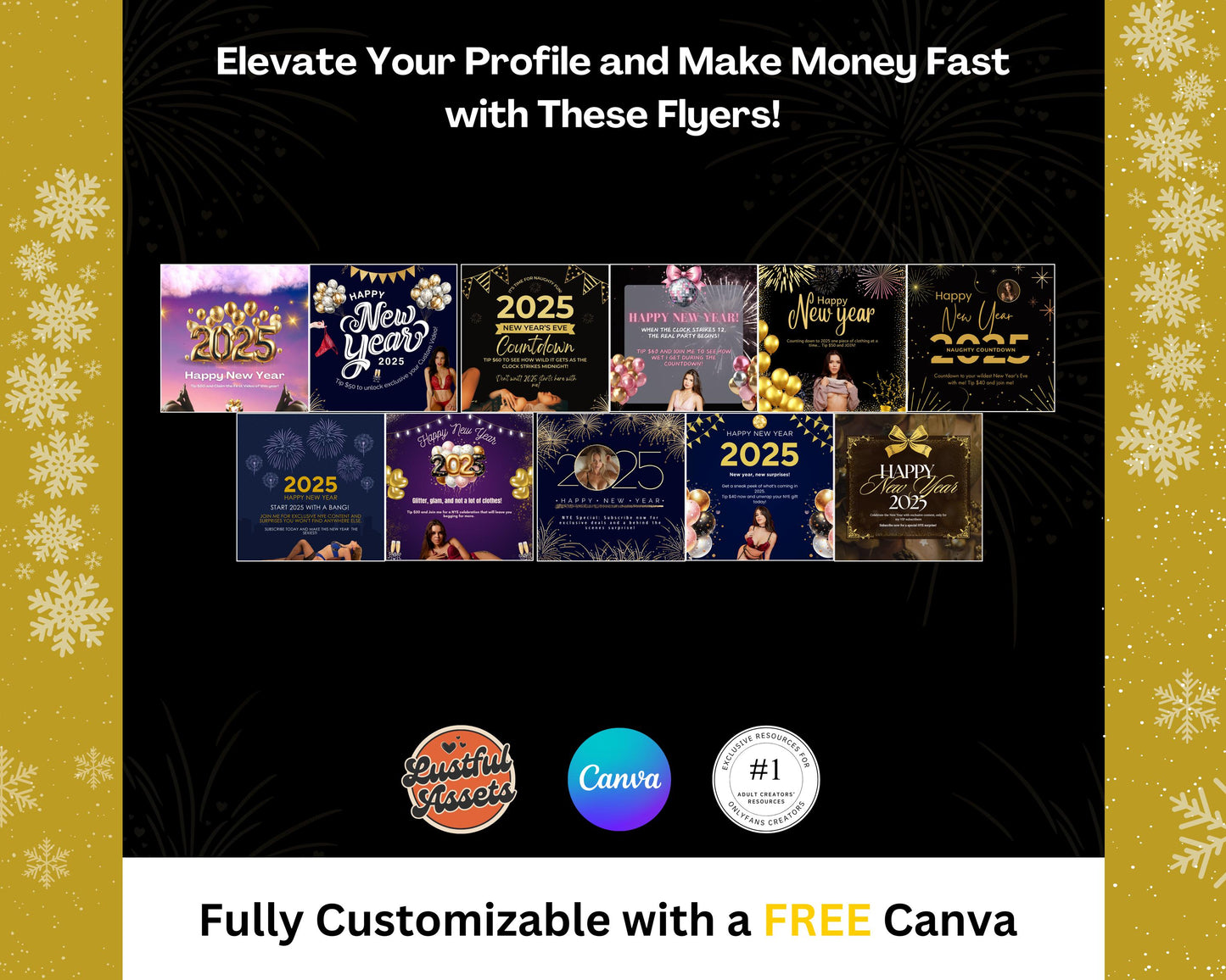 ONLYFANS New Year Tip Campaign Flyer Bundle | Onlyfans Tip Game Ideas kit, NYE Theme Canva for Creators camgirls, OF Fansly Snap Template