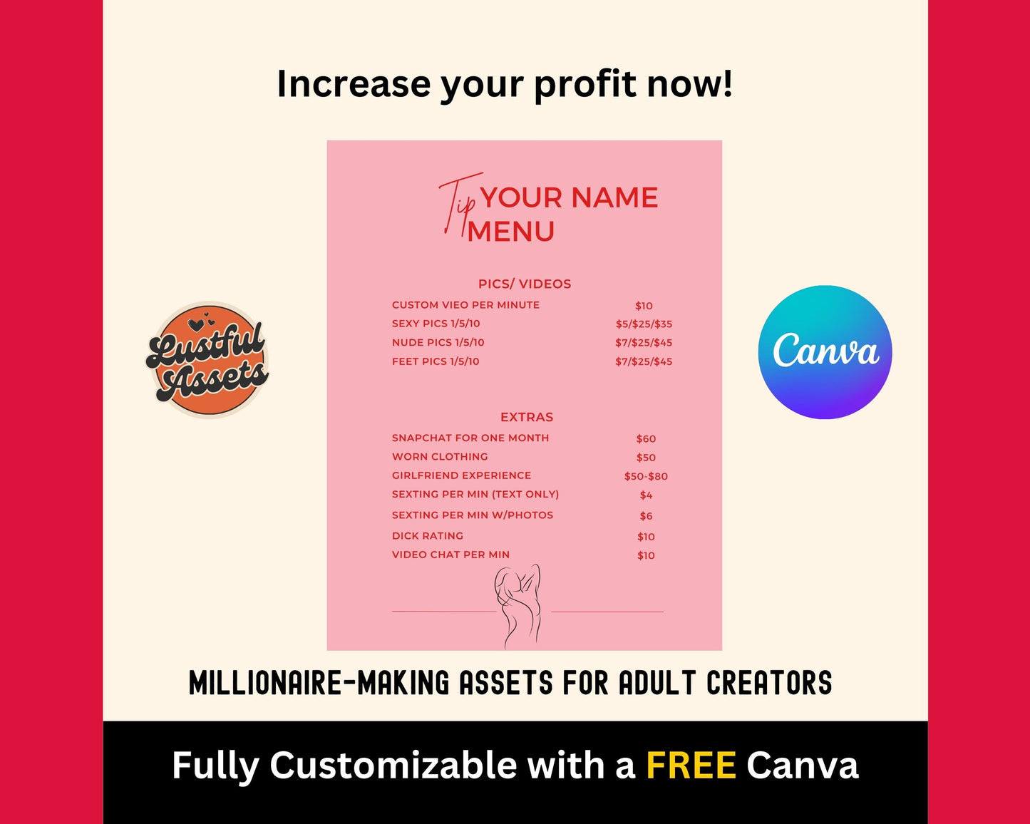 ONLYFANS Tip Menu | Editable Canva Tipping Template for Creators, Digital Camgirl & Fansly OF Tip Menu