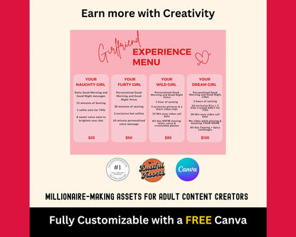 ONLYFANS Girlfriend Experience Tip Menu | OnlyFans Tip Editable Canva Tipping Template for Creators, Digital Camgirl & Fansly OF Tip Menu